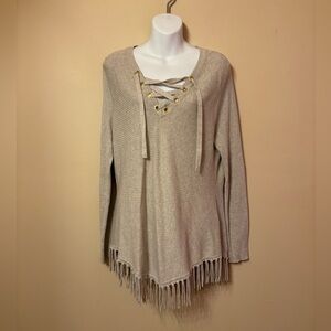 INC International Concepts Beige Lace-Up V-Neck fringe Sweater